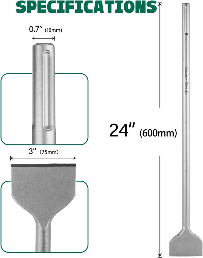 Monkey King Bar MonkeyKingBar-SDS Max Bits Flat Chisel 24"X3"(600 * 75MM) Long shank- Demolition Hammer Chisel for Concrete Breaker, Stone Removal, Brick Chipping - Image 2